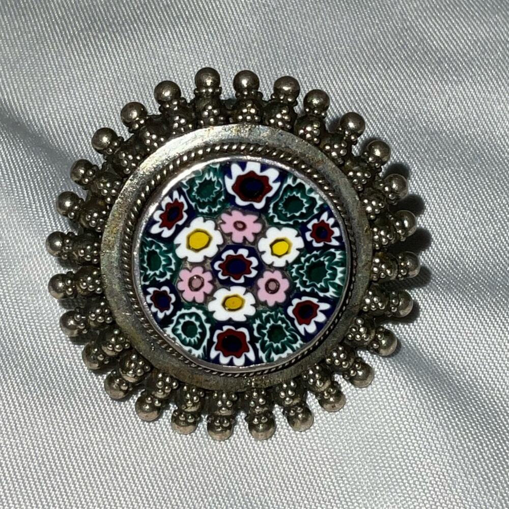 VTG ITALIAN MURANO GLASS CIRCLE STARBURST STATEMENT SILVER TONE RING SZ 8